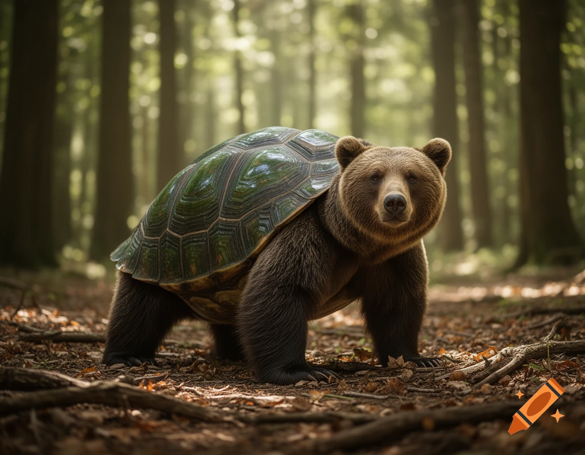 A photorealistic image of a brown bear with a green turtle shell on its back, standing in a forest with dappled sunlight.