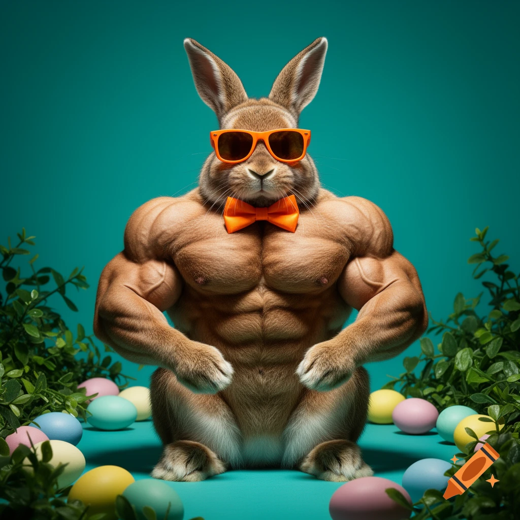 A muscular, bodybuilder-style bunny wearing orange sunglasses and a bow tie, sitting among colorful Easter eggs and green foliage on a teal background in a photorealistic style.