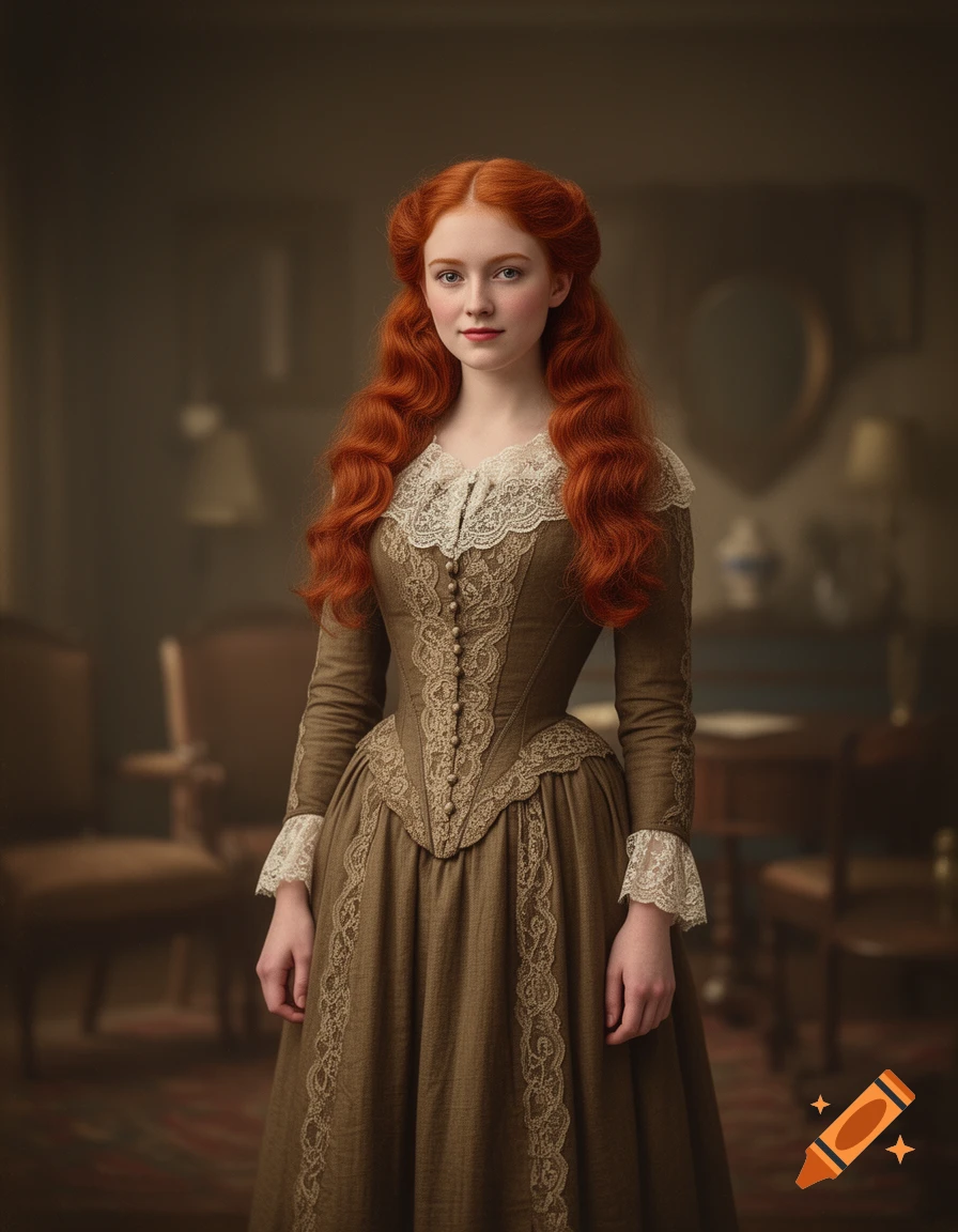 A young woman with long, wavy red hair and fair skin stands, wearing an ornate brown 1870s-style dress with white lace trim.