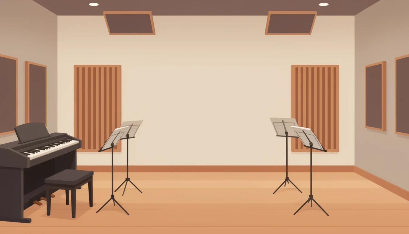 contemporary 2D stock illustration, clean simplified natural forms, flat color areas with gentle soft gradient shading, rounded believable proportions, restrained detail, no outer outlines, no texture or grain, non-photorealistic. A simple music rehearsal room with a keyboard at the side, music stands without notes, acoustic panels, and open floor. Warm studio palette with neutral walls, wood tones, and one accent color. Keep the middle area visually uncluttered with simple forms and open space behind layered foreground subjects. No characters, no text.
