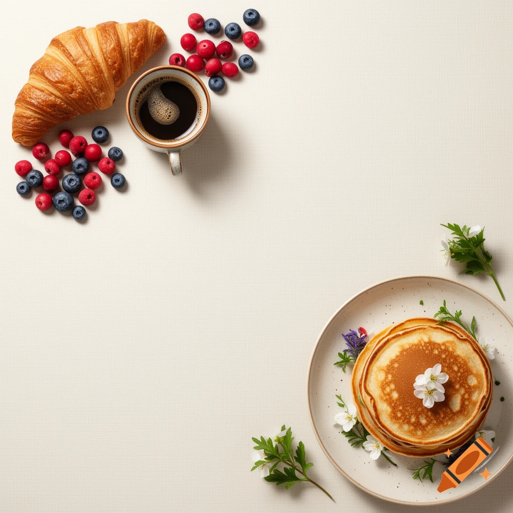 Overhead shot of a breakfast flat lay with a croissant, coffee, and berries in the top left, and a stack of pancakes with flowers in the bottom right.