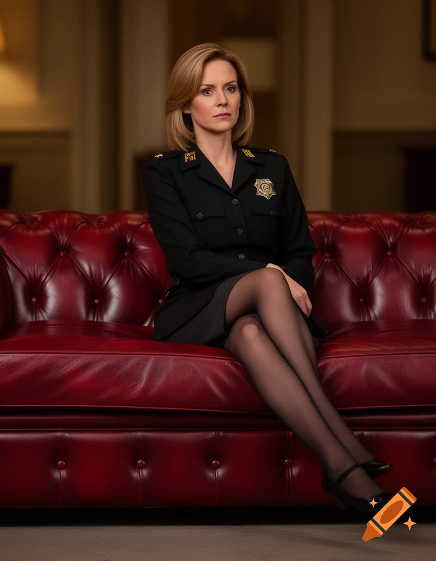 A woman in a black uniform, dark skirt, and sheer black stockings sits on a red tufted leather couch.