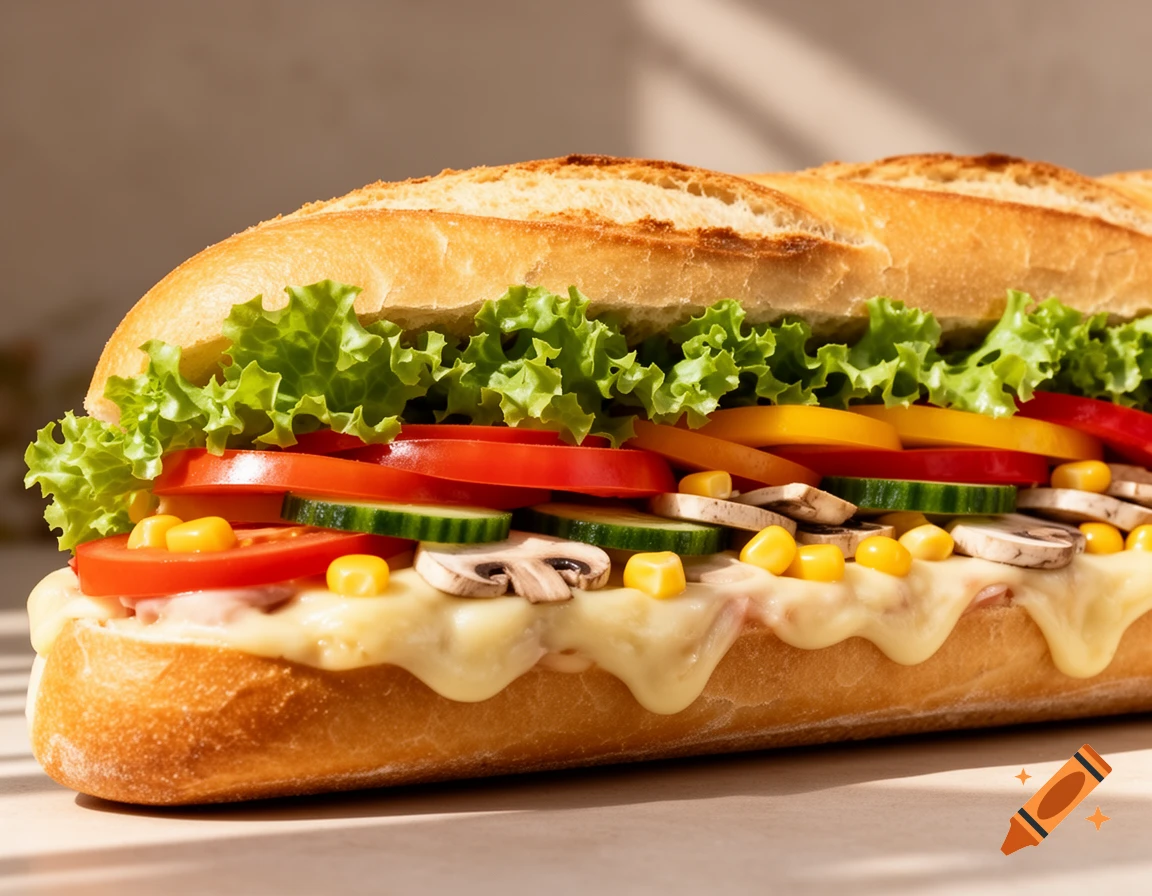 A close-up, photorealistic image of a baguette sandwich overflowing with lettuce, tomatoes, cucumbers, mushrooms, bell peppers, corn, and melted cheese.