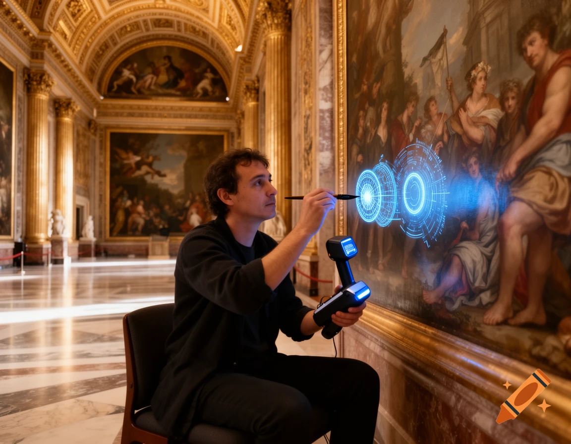 A man sits in a grand museum hall, holding a paintbrush and a holographic scanner, interacting with a classical painting.