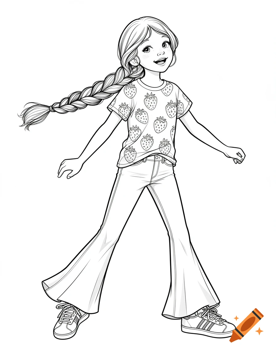 Black and white line drawing of a girl with a long braid, wearing a strawberry t-shirt, bell-bottom jeans, and sneakers.