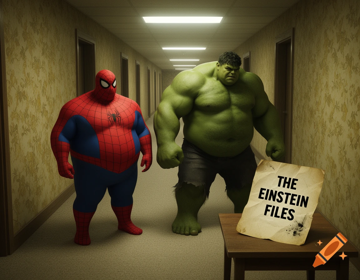 Obese Spider-Man and Hulk stand in a dim, wallpapered hallway. A paper with 'THE EINSTEIN FILES' rests on a table.