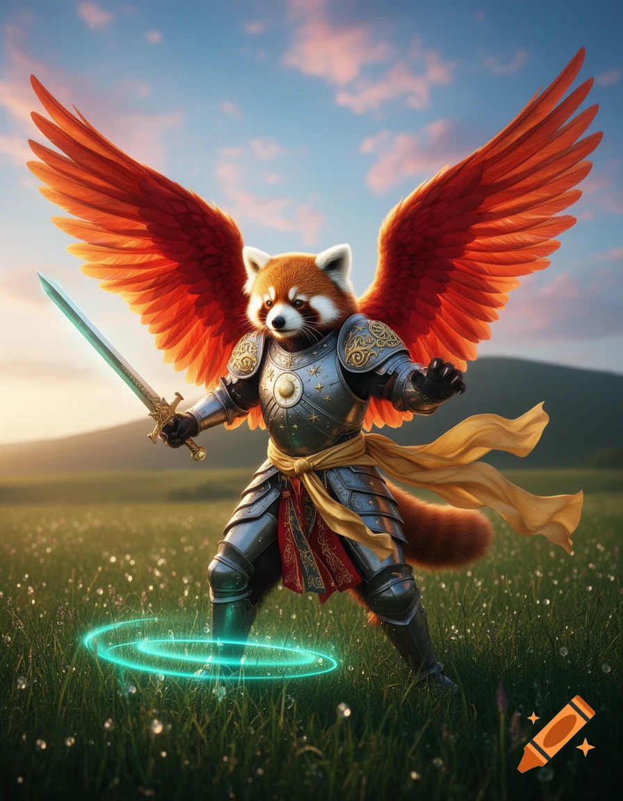 Red Panda Knight A majestic red panda archangel warrior in ornate armor and large red ...