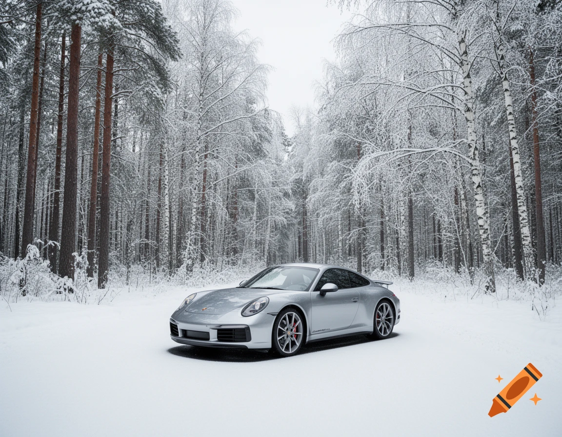 A silver Porsche 911 Carrera 4S car is parked in a snow-covered forest under a white sky, with tall, snow-dusted trees.