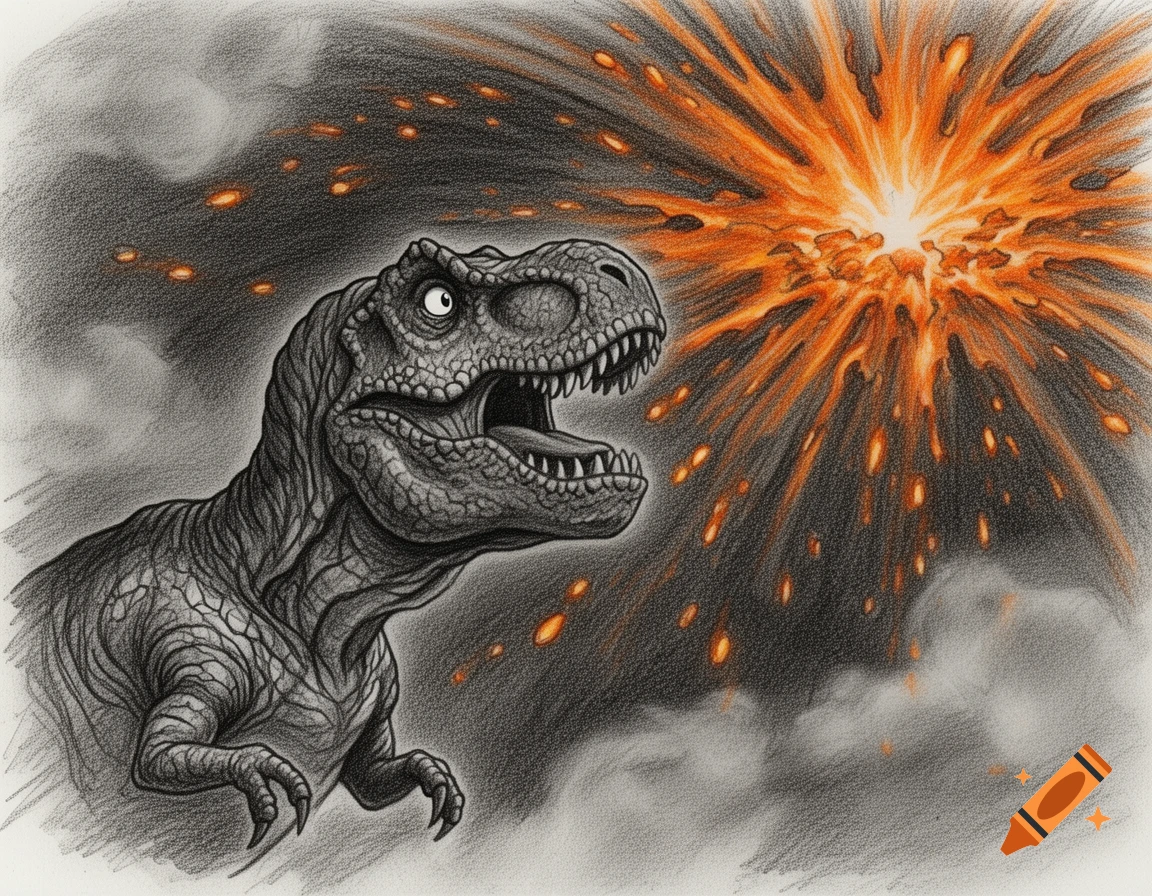 Charcoal drawing of an astonished T-Rex looking at a bright orange explosion with flying debris in a dark, cloudy sky.