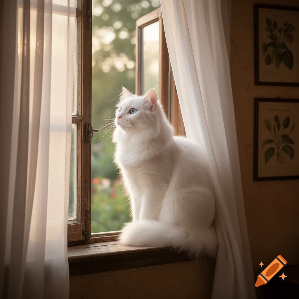 A fluffy white cat with bright blue eyes sits on a wooden windowsill, looking out an open window with sheer white curtains.