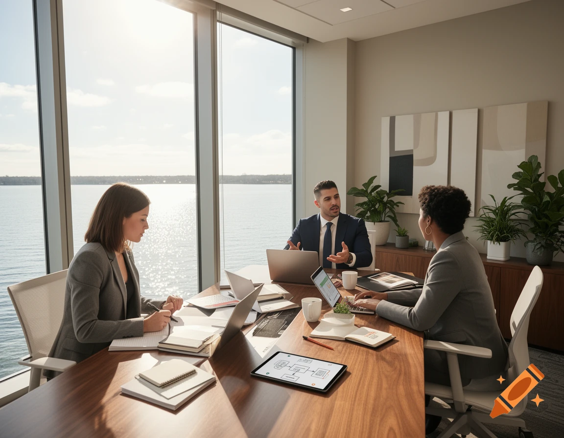 Three professionals in a modern office meeting room with a large window overlooking a body of water.
