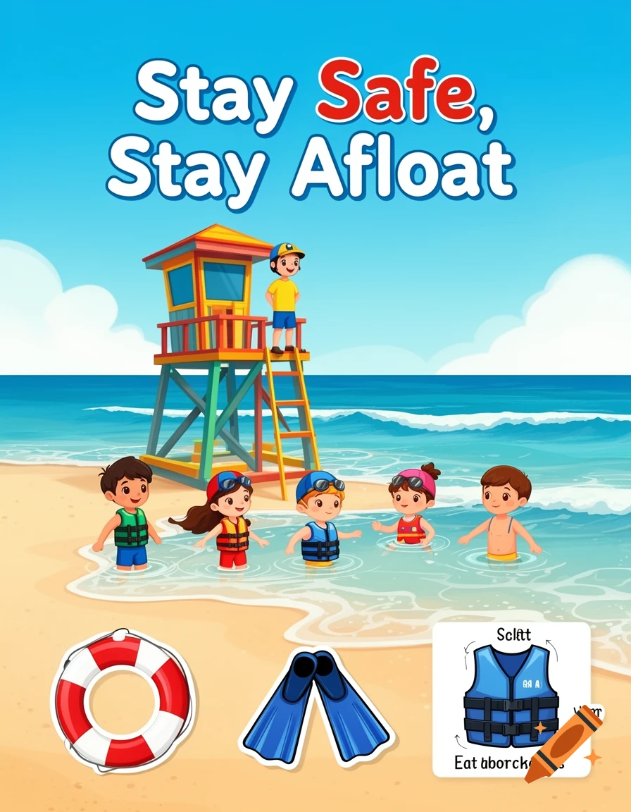 Cartoon water safety poster with kids in life vests at a beach, a lifeguard, and the text 'Stay Safe, Stay Afloat'.