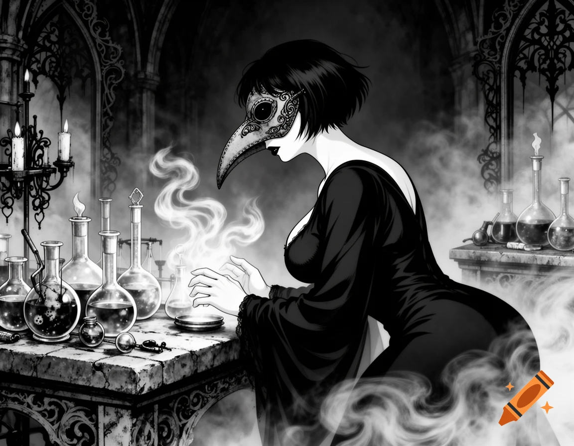 Black and white manga illustration of a curvy goth woman in a plague doctor mask and robe, performing an experiment in a smoky gothic lab.