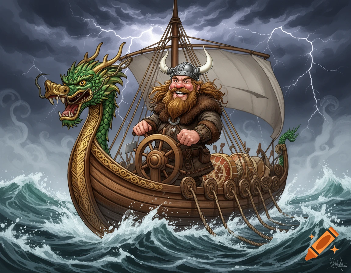 A happy, bearded Viking in a horned helmet steers a dragon-headed longship through stormy seas with lightning, cartoon caricature style.