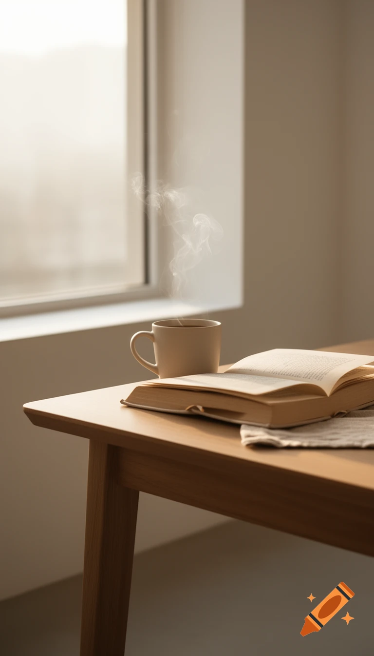 A steaming coffee cup and an open book on a wooden table by a sunny window in a minimalist room.
