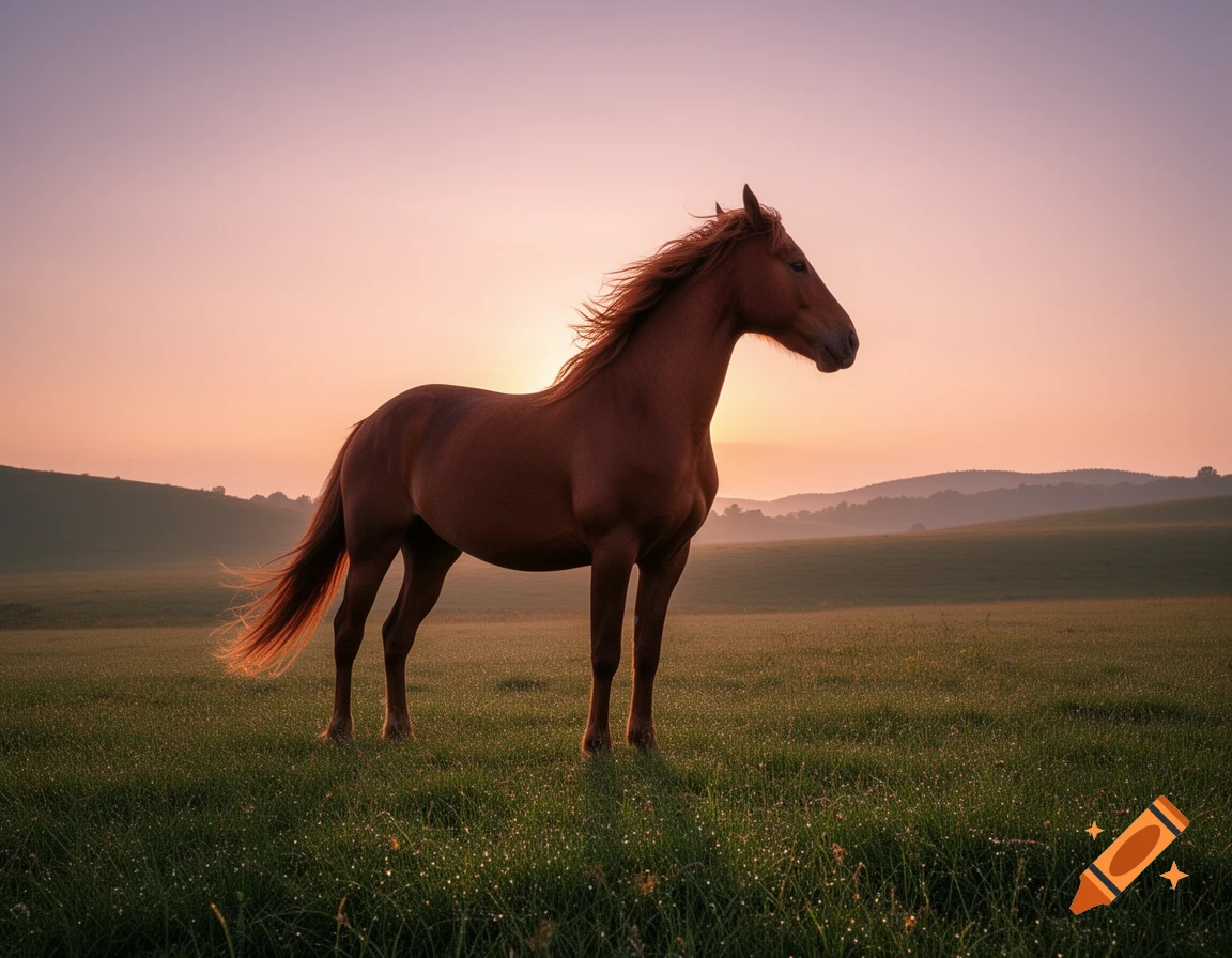 A brown horse stands in a dewy green field against a beautiful pink and orange sunrise or sunset.