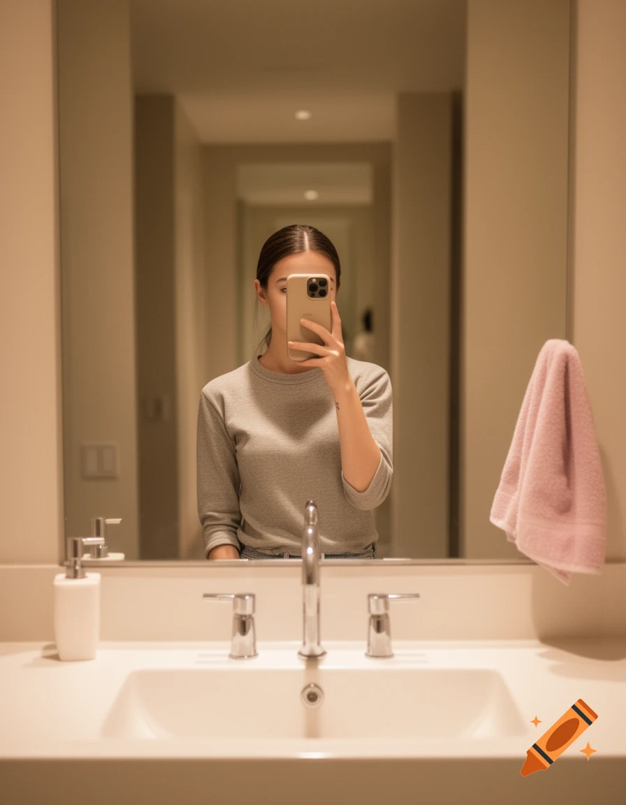 A young woman takes a mirror selfie in a modern bathroom, her phone covering her face.