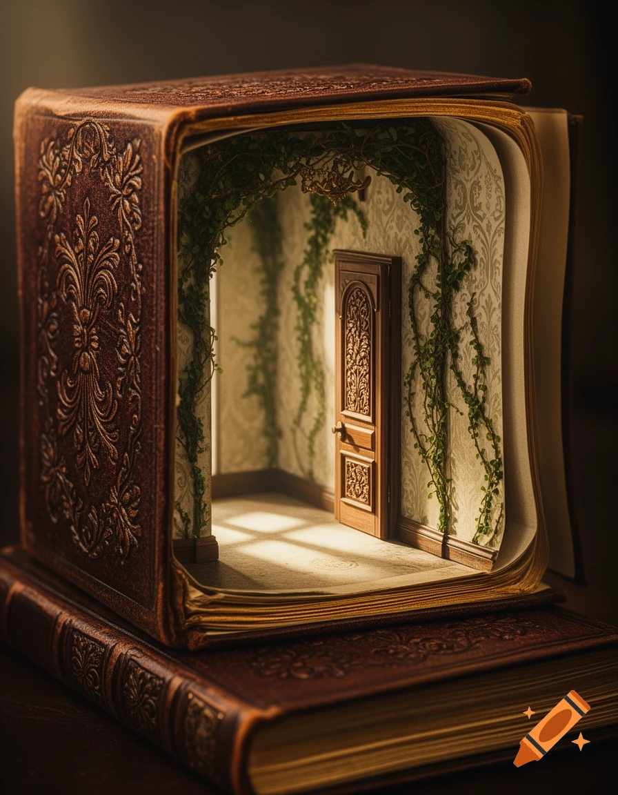 A thick, ornate Victorian-style book is open, revealing a miniature room with a wooden door, patterned wallpaper, and green vines inside, illuminated by light. It rests on another similar book.