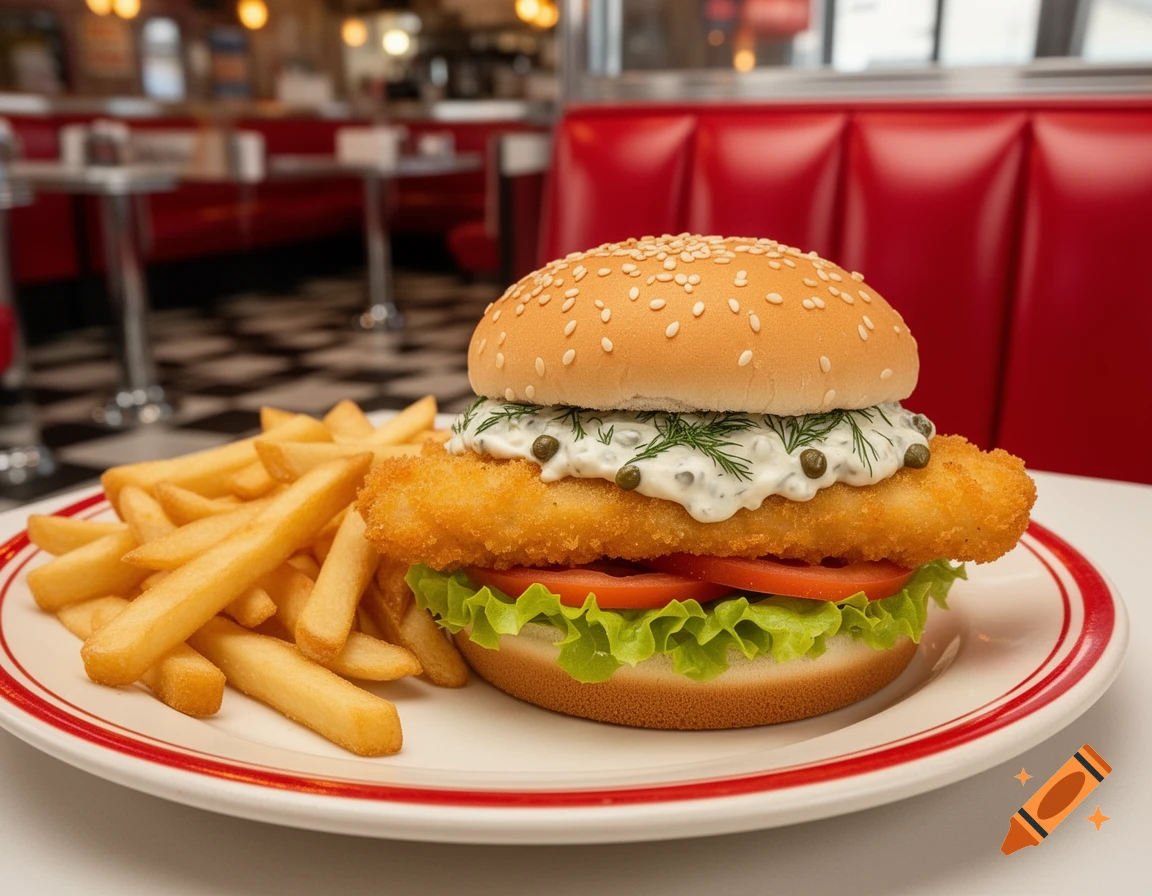 A close-up shot of a fish burger with tartar sauce, lettuce, and tomato, served with a side of fries on a plate in a diner setting.