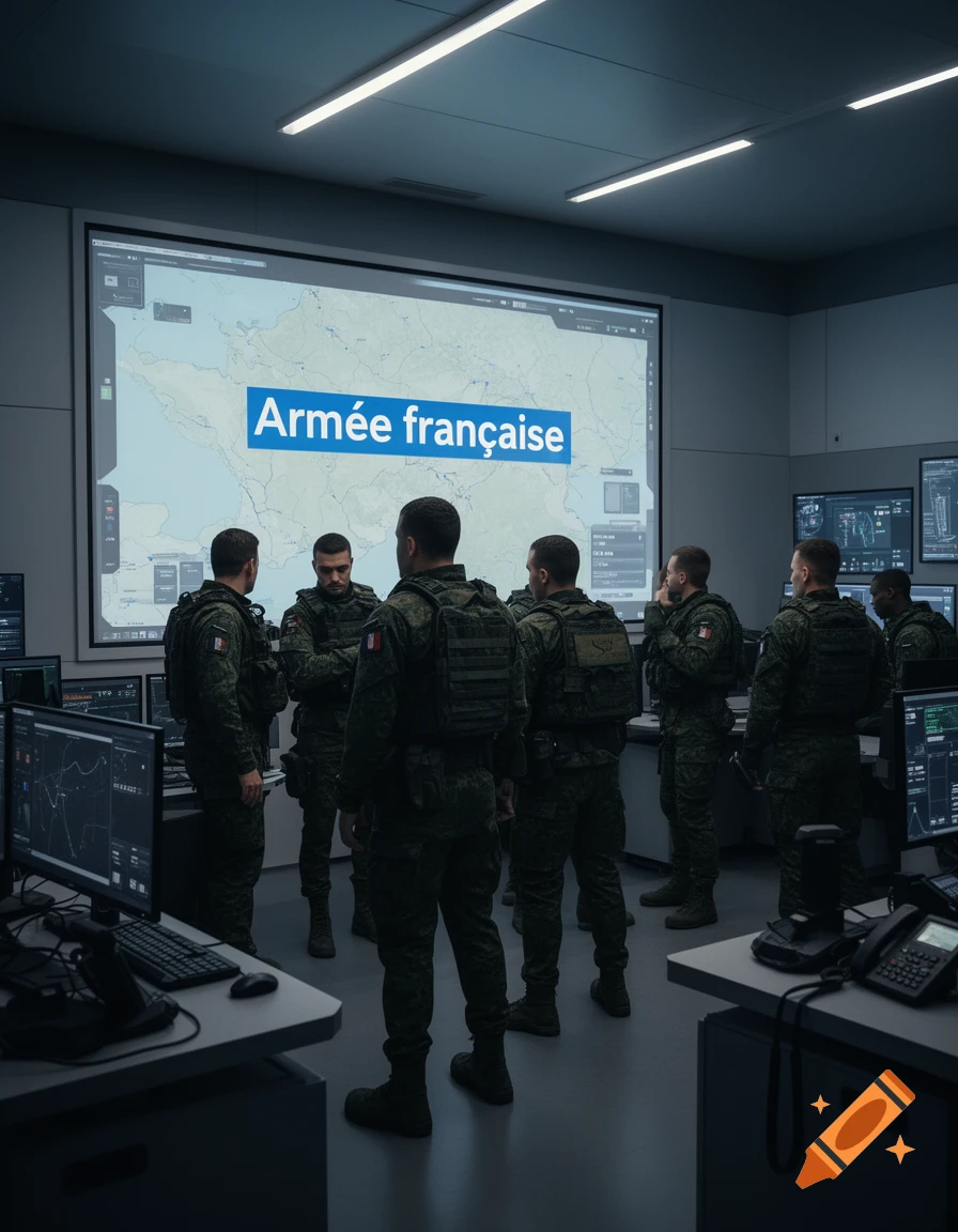 Soldiers in camouflage uniforms stand in a modern command center, looking at a large screen displaying "Armée française" over a map.