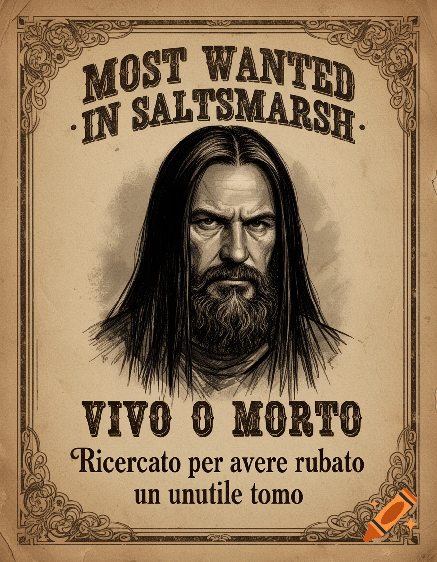 A sepia-toned Western-style wanted poster with a drawing of a long-haired, bearded man, displaying text 'MOST WANTED IN SALTSMARSH', 'VIVO O MORTO', and 'Ricercato per avere rubato un inutile tomo'.