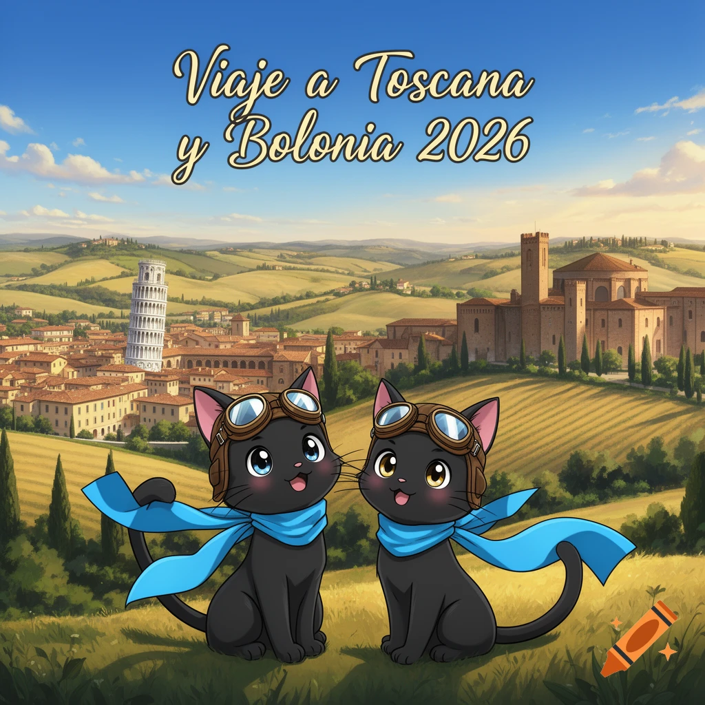 Two cute cartoon black cats in aviator gear in a scenic Tuscan landscape with the Leaning Tower of Pisa and a castle. Text 'Viaje a Toscana y Bolonia 2026'.