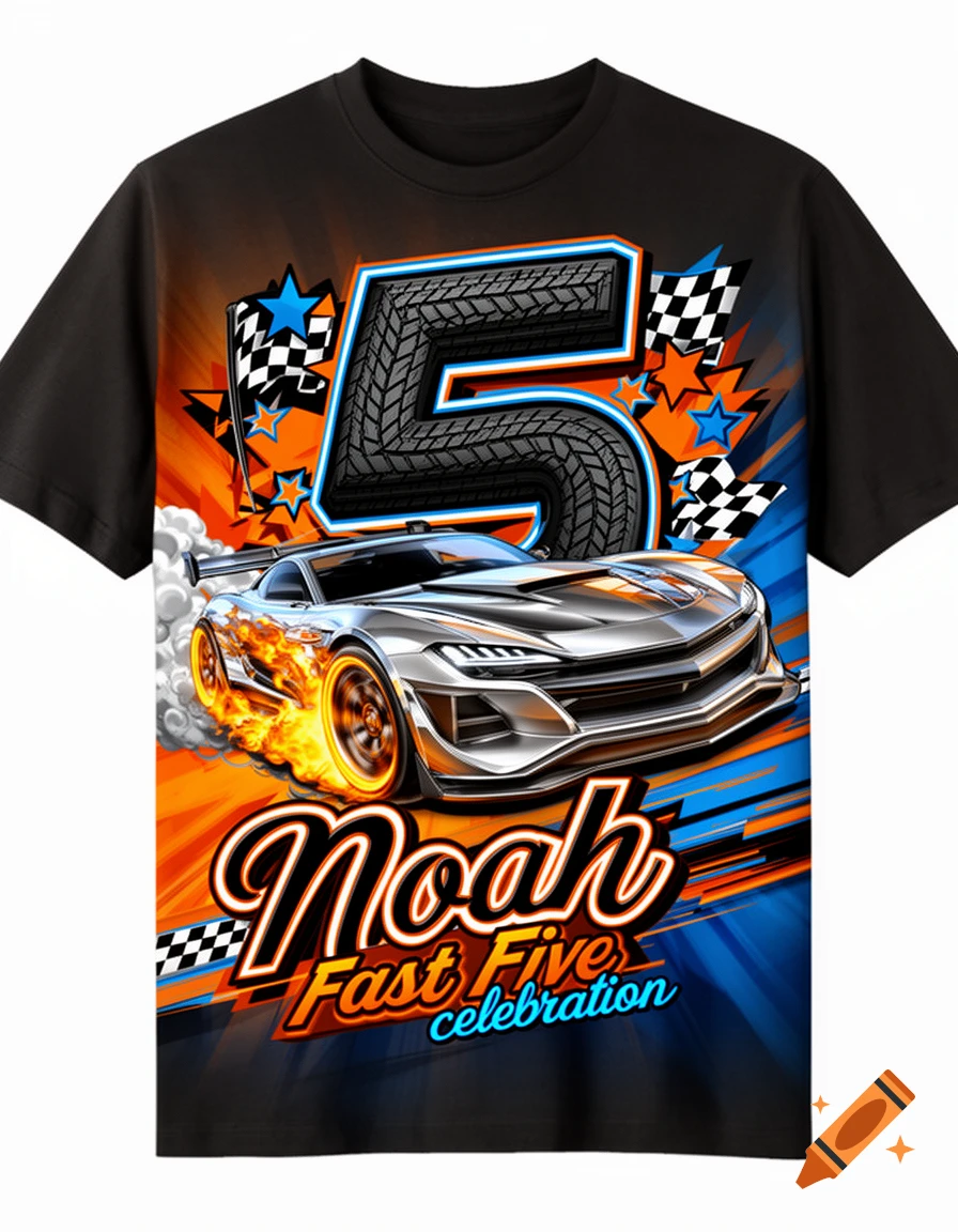 A black T-shirt with a silver race car, flames, checkered flags, the number 5, and 'Noah Fast Five celebration'.