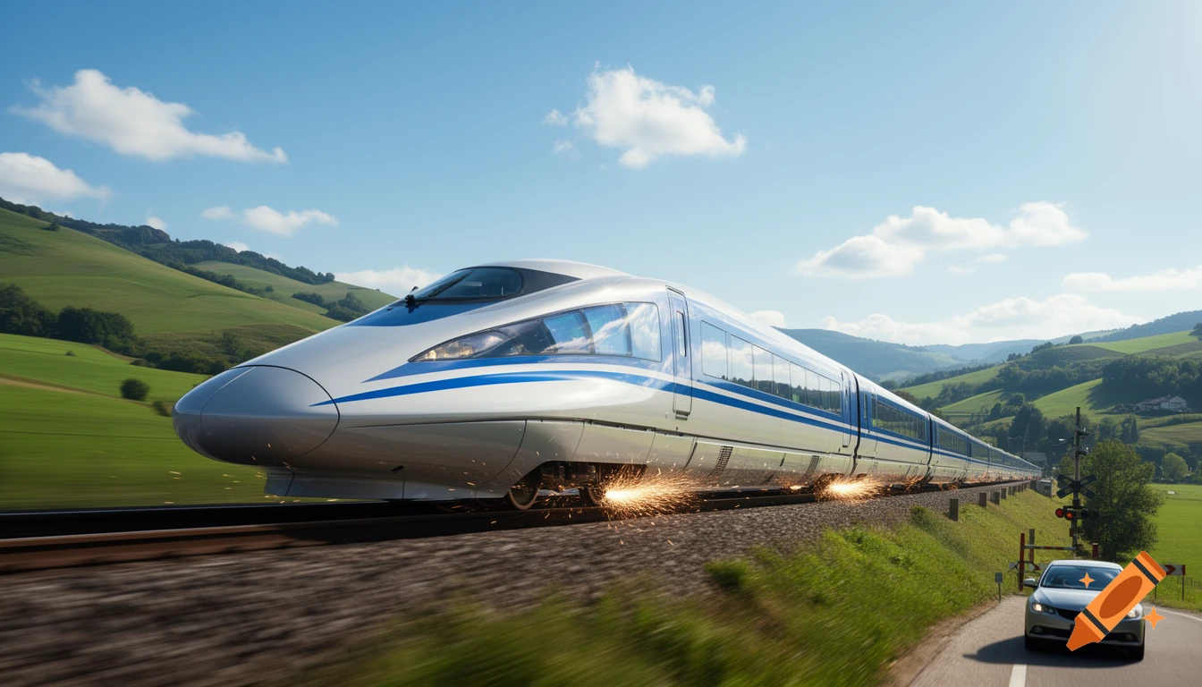 A sleek, silver and blue bullet train speeds through a lush green valley under a blue sky, with a white car on a parallel road.