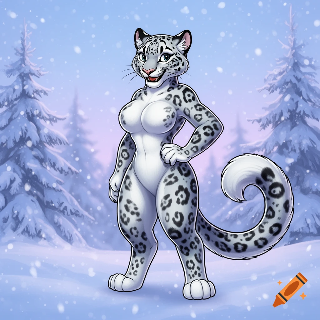 A cartoon anthropomorphic female snow leopard stands in a snowy winter forest with pine trees and falling snow.