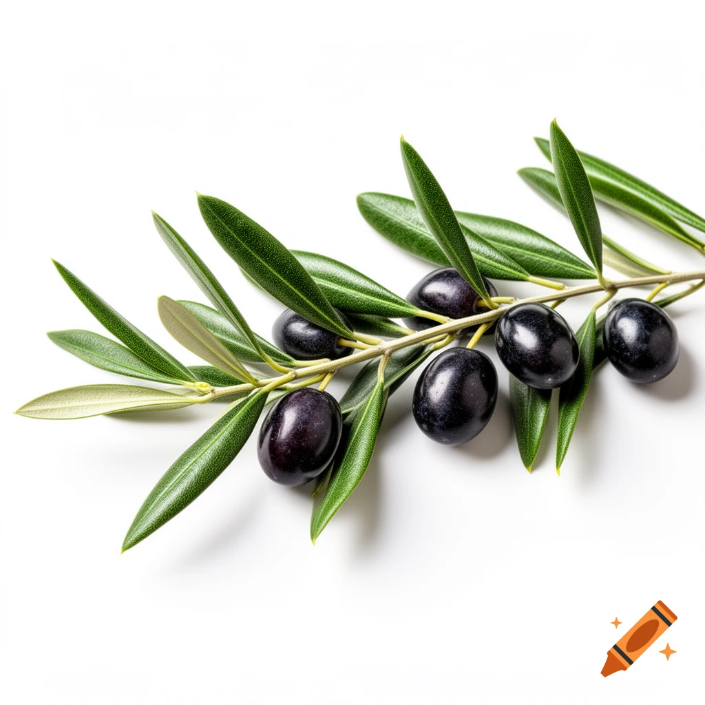 A photorealistic olive branch with dark green leaves and ripe black olives, set against a clean white background.