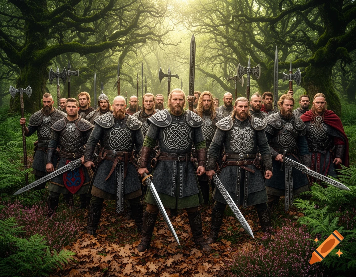 A group of formidable Celtic warriors in intricate armor with swords and axes stands ready in a mossy forest. Photorealistic style.