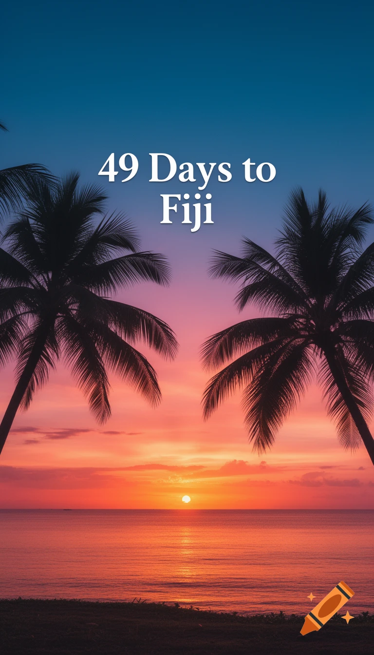 Photorealistic vertical sunset over ocean with two palm tree silhouettes, featuring '49 Days to Fiji' text.
