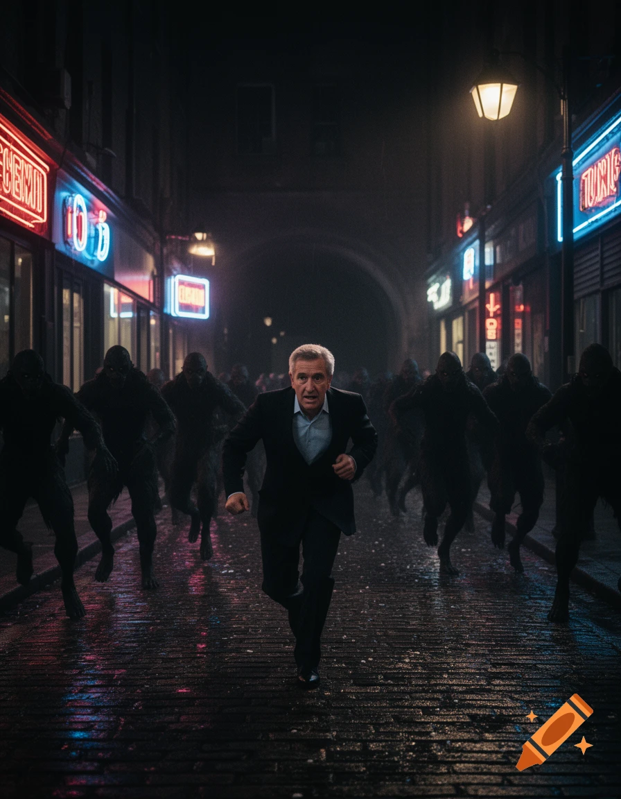 A man in a suit runs frantically down a dark, wet cobblestone street lined with neon signs, pursued by a crowd of shadowy, ape-like figures.