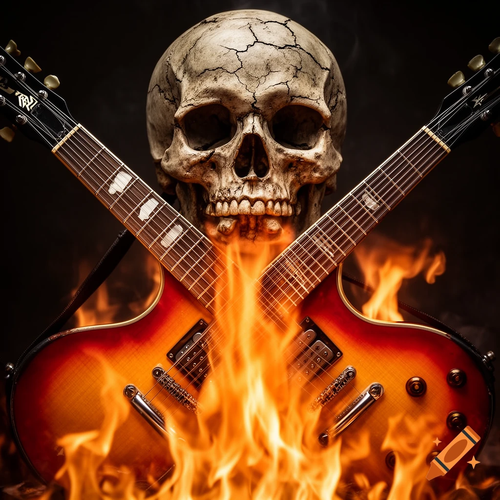 A detailed cracked skull with two electric guitars crossed in front, engulfed in intense flames against a dark background.