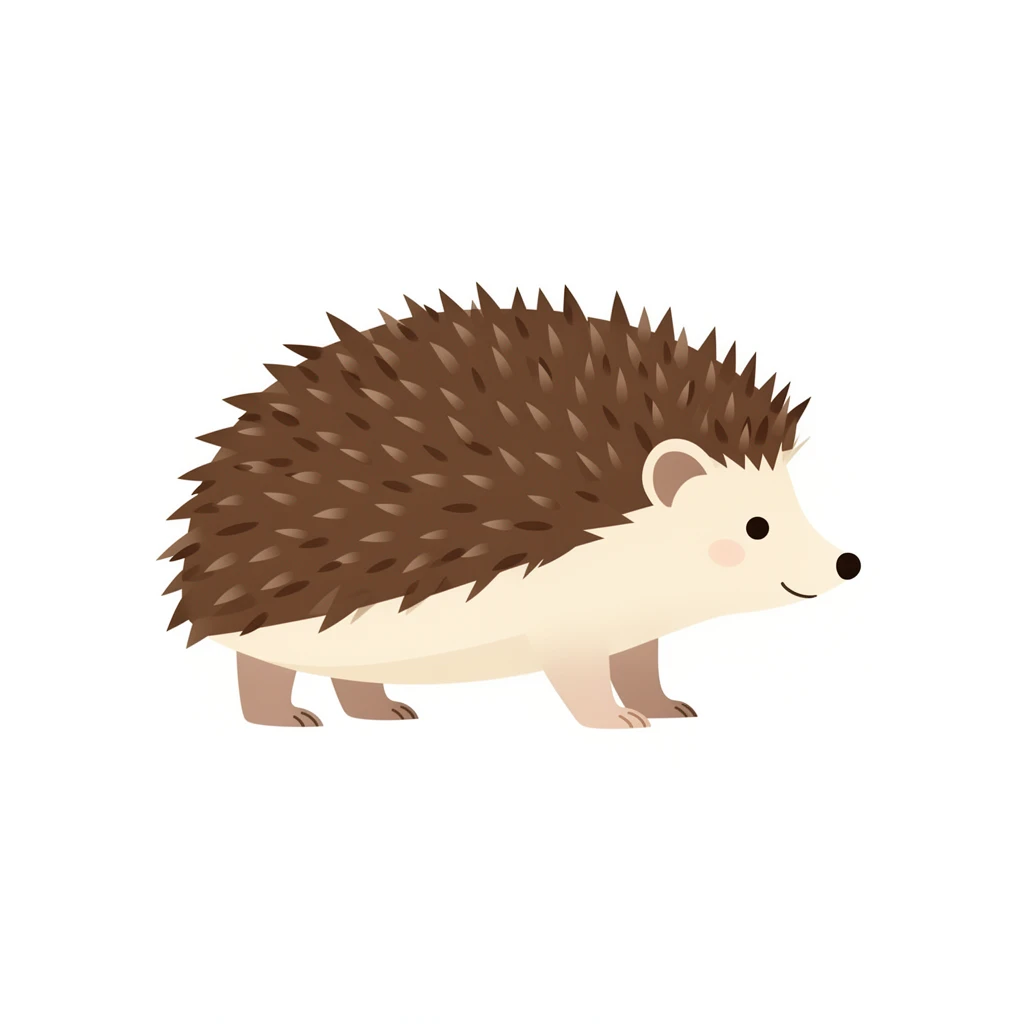 contemporary 2D stock illustration, clean simplified natural forms, flat color areas with gentle soft gradient shading, rounded believable proportions, restrained detail, no outer outlines, no texture or grain, non-photorealistic. A hedgehog standing low in side view, centered on a pure white background. Naturalistic simplified brown spines and cream face. Clear readable silhouette with comfortable padding, no cast shadow, no floor shadow, no extra scenery.