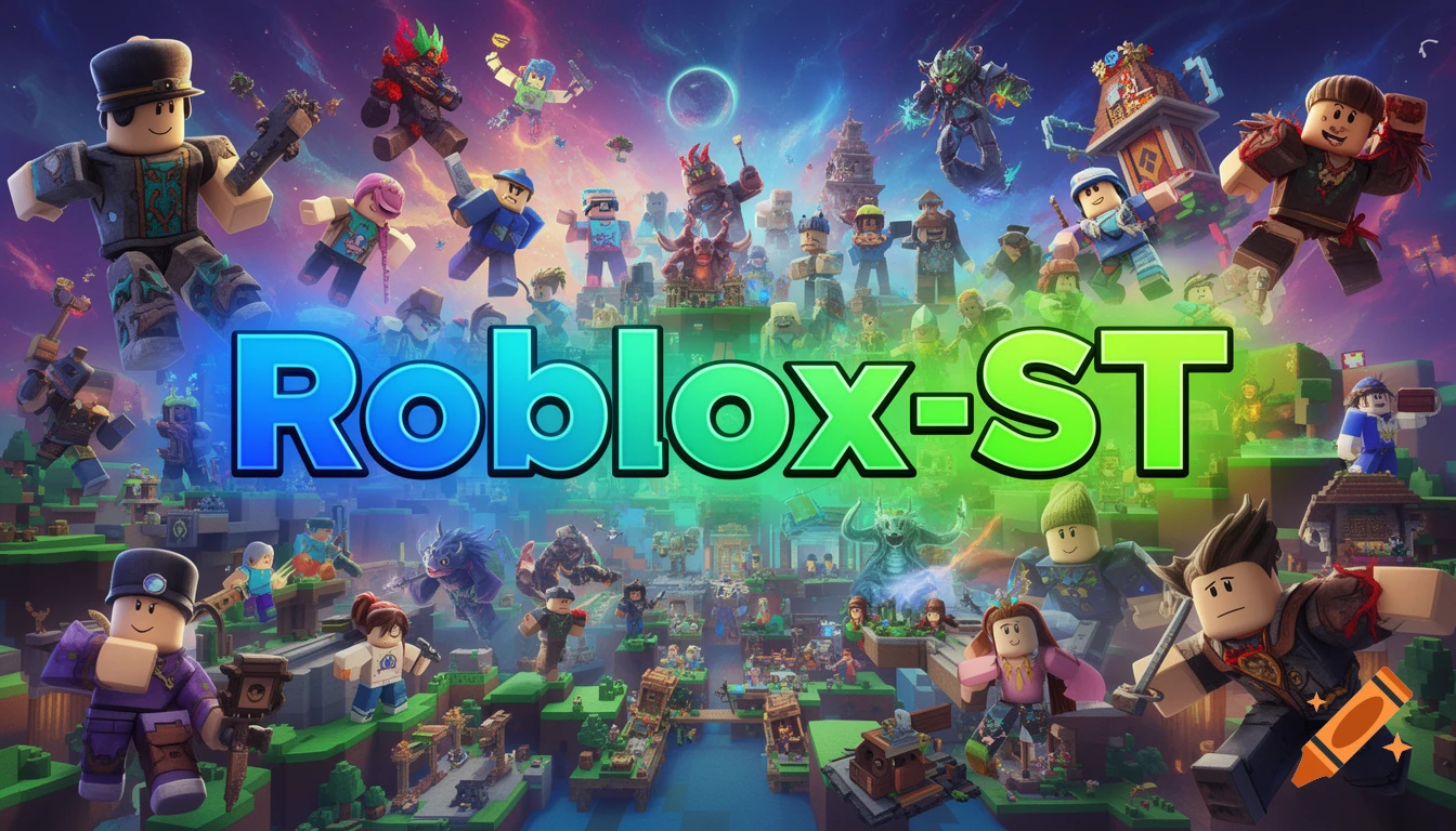 A vibrant, action-packed scene with numerous Roblox-style characters and structures, featuring the text 'Roblox-ST' in the foreground.