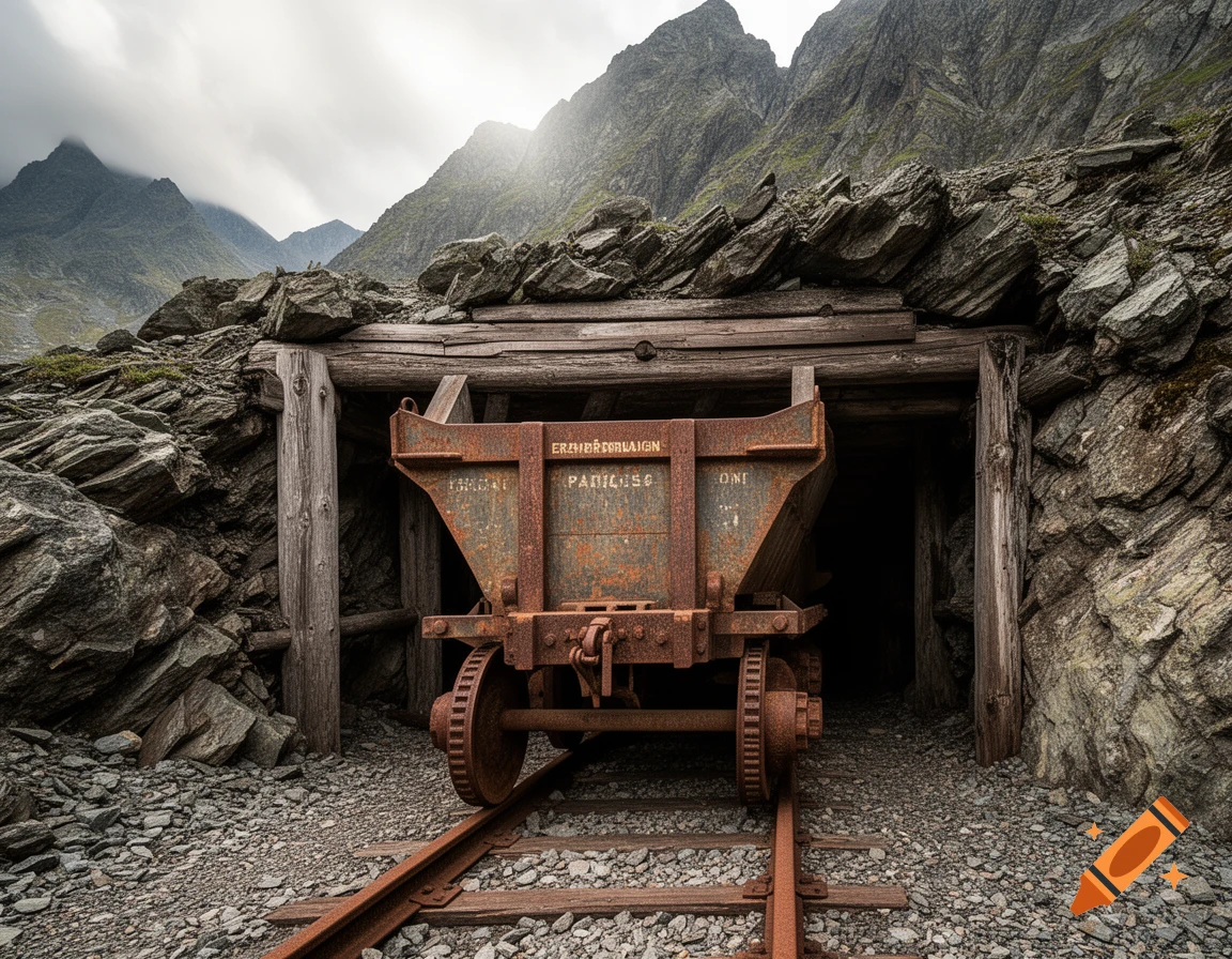 A rusty mining cart sits on tracks in front of a dark mine entrance, surrounded by rocky mountains under a cloudy sky.