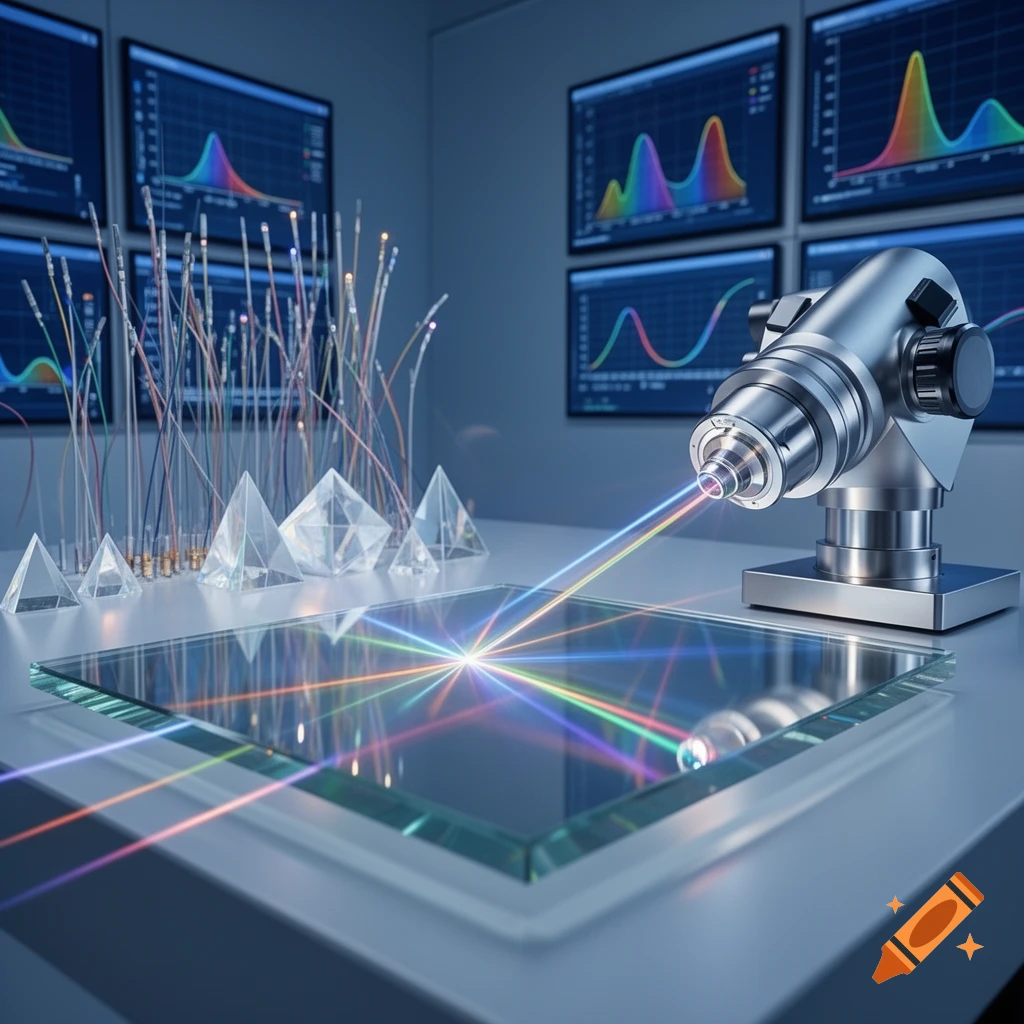 A scientific lab setup featuring a laser beaming light onto a glass, surrounded by prisms, fiber optics, and monitors with spectral graphs.