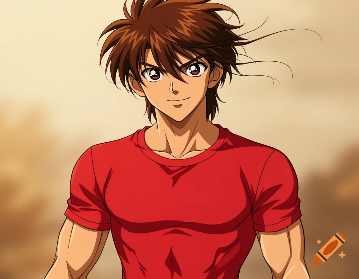 An anime male character with brown spiky hair and brown eyes, wearing a ...