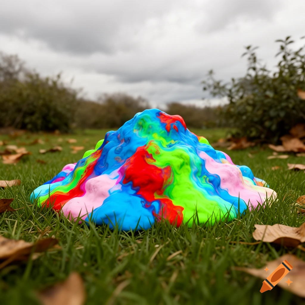 A vibrant, multi-colored mound of swirling goo sits on green grass with scattered autumn leaves under a cloudy sky.