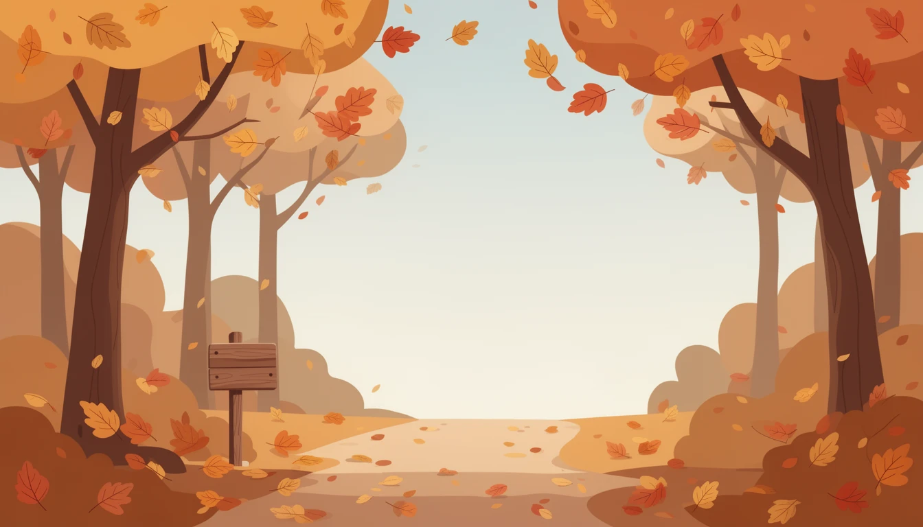 contemporary 2D stock illustration, clean simplified natural forms, flat color areas with gentle soft gradient shading, rounded believable proportions, restrained detail, no outer outlines, no texture or grain, non-photorealistic. An autumn woodland path with simplified trees, fallen leaves, a small wooden sign shape without writing, and open sky glimpsed through branches. Warm autumn palette with one dominant leaf color family and natural neutrals. Keep the center-right area visually uncluttered with simple forms and open space behind layered foreground subjects. No characters, no text.