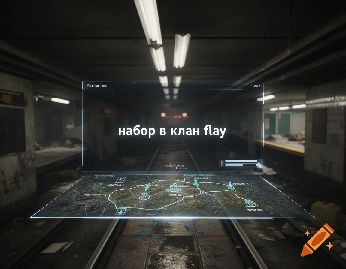 A futuristic holographic interface with a map and text in a dimly lit, abandoned subway station, displaying "набор в клан flay".