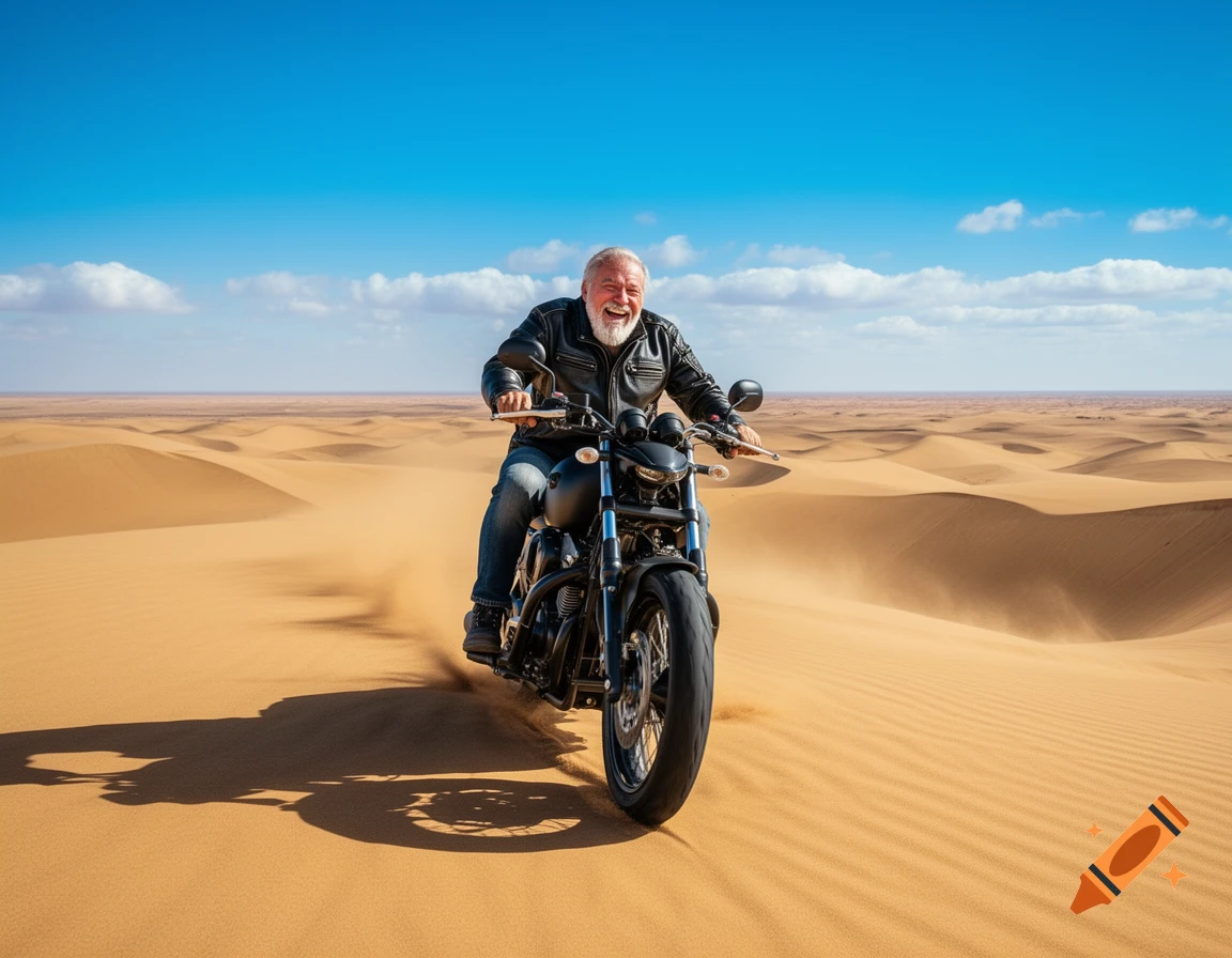 A smiling older man with a white beard rides a black motorcycle across vast sand dunes under a clear blue sky, photorealistic style.