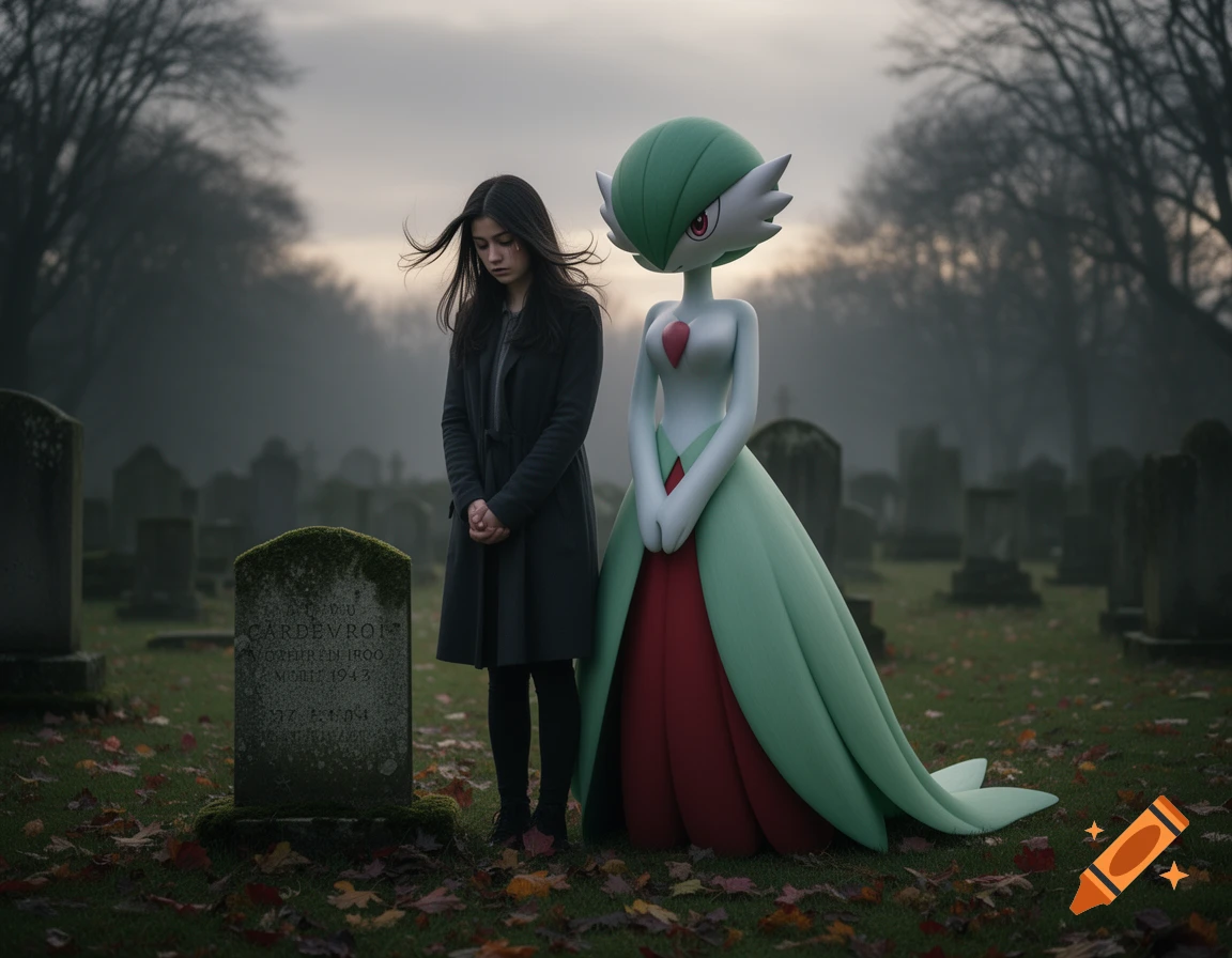 A sad woman and a Gardevoir stand beside a mossy tombstone in a misty graveyard, dark trees visible in the background.