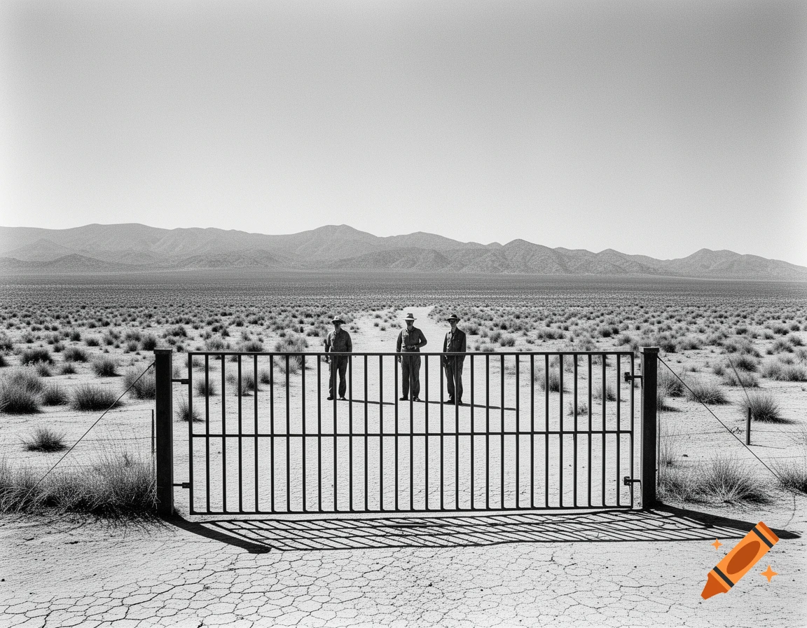 Three men stand behind a metal gate in a vast, arid black and white desert landscape under a clear sky.