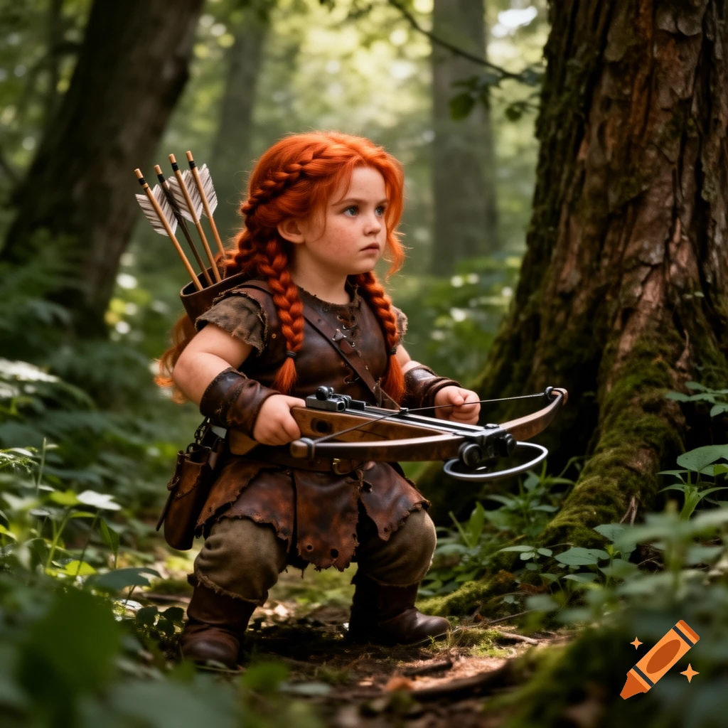A photorealistic image of a red-haired child dressed as a fantasy hunter, holding a crossbow and quiver in a lush forest.