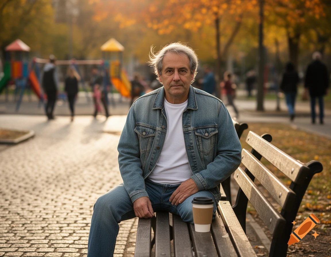 Photorealistic portrait of an older man with gray hair, wearing a denim jacket, sitting on a park bench with a coffee cup in an autumn park.