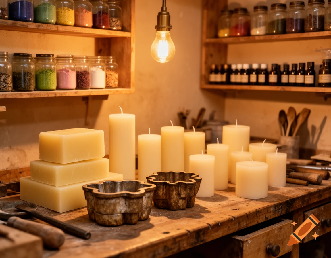 A candlemaker's workshop with wax blocks, various candles, metal molds, and shelves of colorful jars and small bottles.