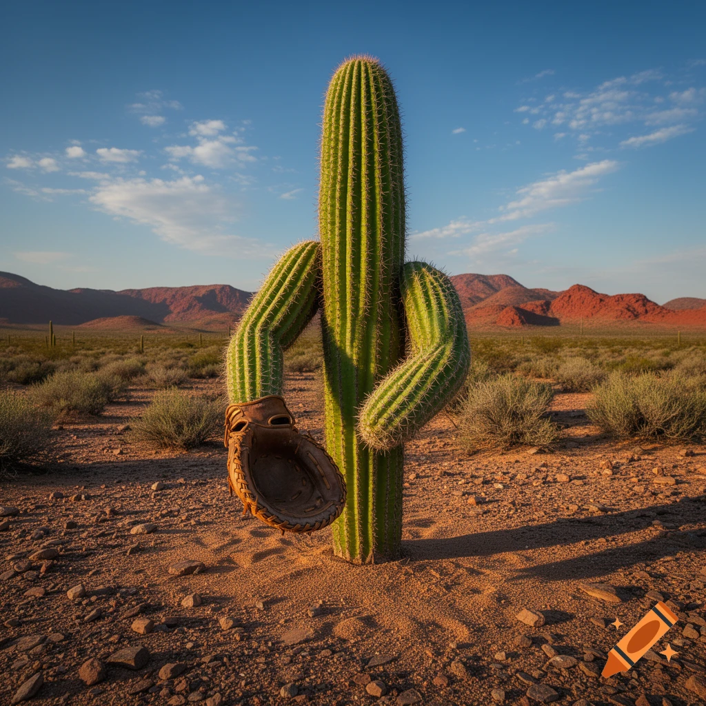 A photorealistic saguaro cactus in a desert squats like a baseball catcher, holding a brown mitt, with red mountains in the background.