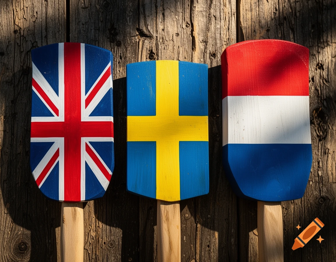 Three wooden paddle-like objects painted with the flags of the UK, Sweden, and the Netherlands, leaning against a rustic wooden wall in sunlight.